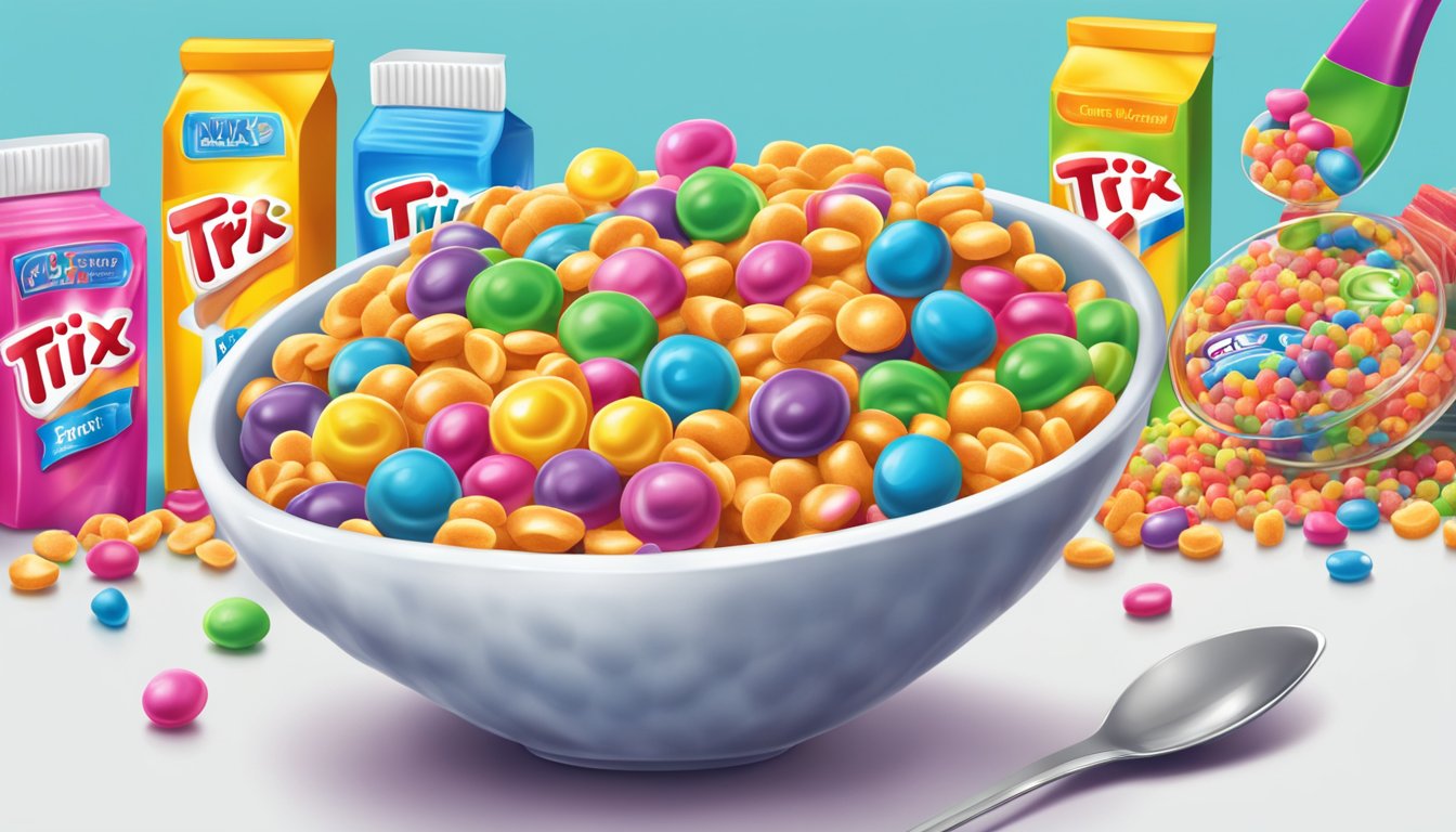 A bowl of Trix cereal pouring over a vibrant dessert, with a spoon and serving dish nearby