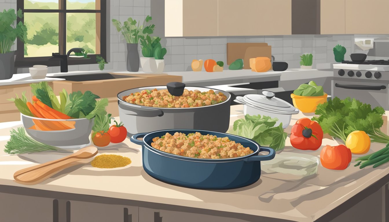 A kitchen counter with a box of Stove Top stuffing, various fresh ingredients, and a casserole dish ready for cooking