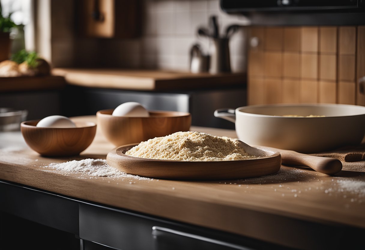 Um ambiente de cozinha aconchegante com uma bancada de madeira, farinha, ovos e um rolo de massa. Uma tigela de massa está pronta para ser sovada, enquanto uma pedra para pizza e coberturas aguardam nas proximidades.