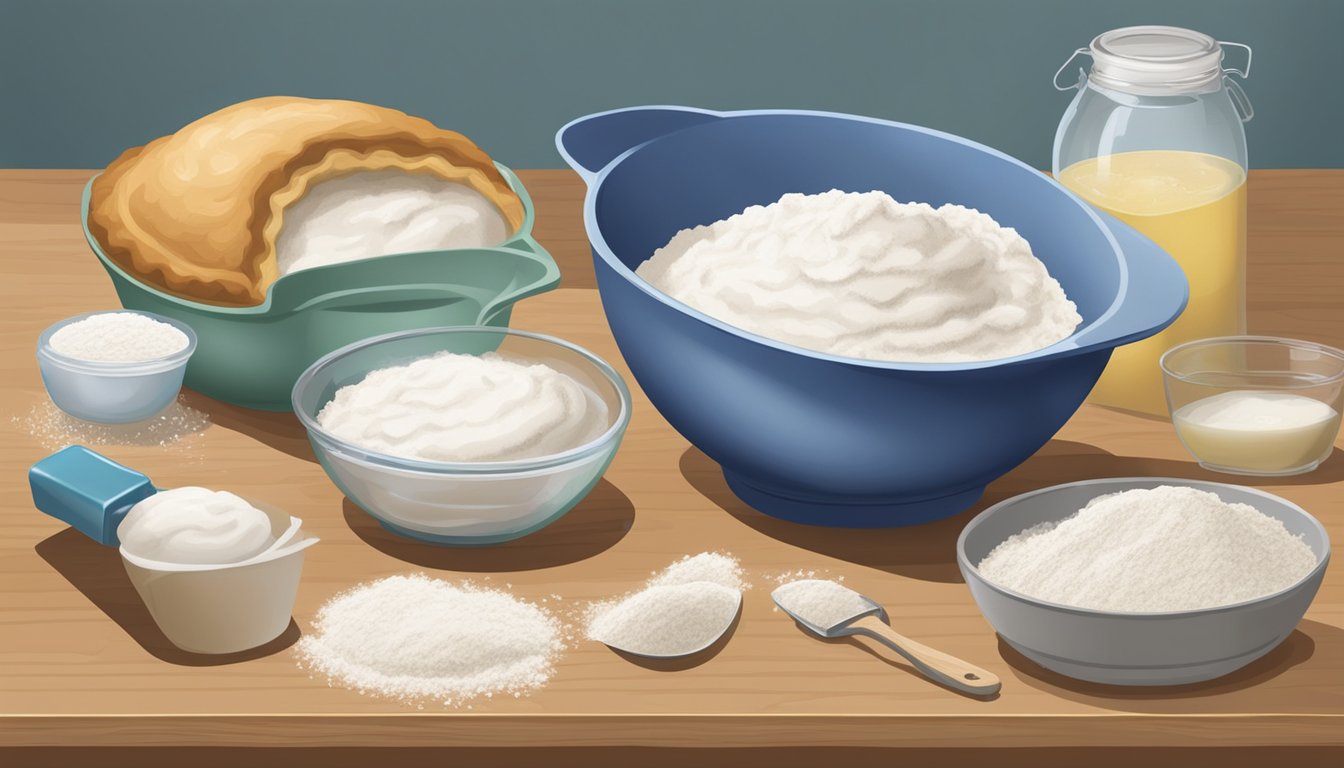 A mixing bowl with flour, Crisco shortening, and water. A rolling pin and pie dish nearby