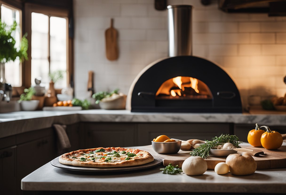 Uma cozinha aconchegante com um forno a lenha rústico, uma bancada de mármore com ingredientes e um rolo de massa para fazer pizza italiana caseira.