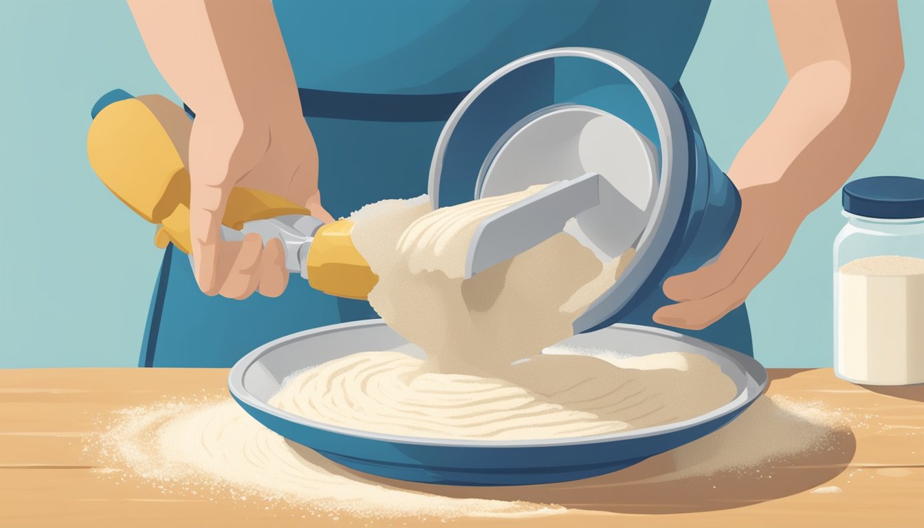 A hand using a pastry blender to mix Crisco shortening into flour, creating a crumbly texture for a flaky pie crust