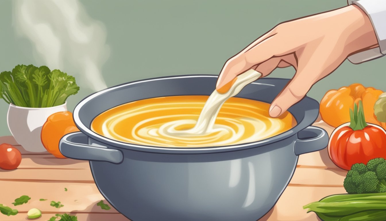 A hand pouring Carnation evaporated milk into a pot of simmering vegetables and broth for creamy soup