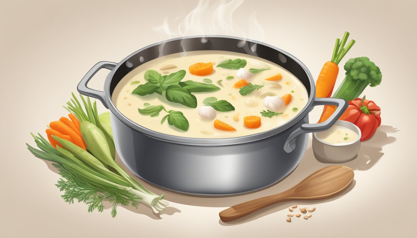 A pot simmering on a stove, with various vegetables and herbs floating in a creamy, white soup base made with Carnation evaporated milk