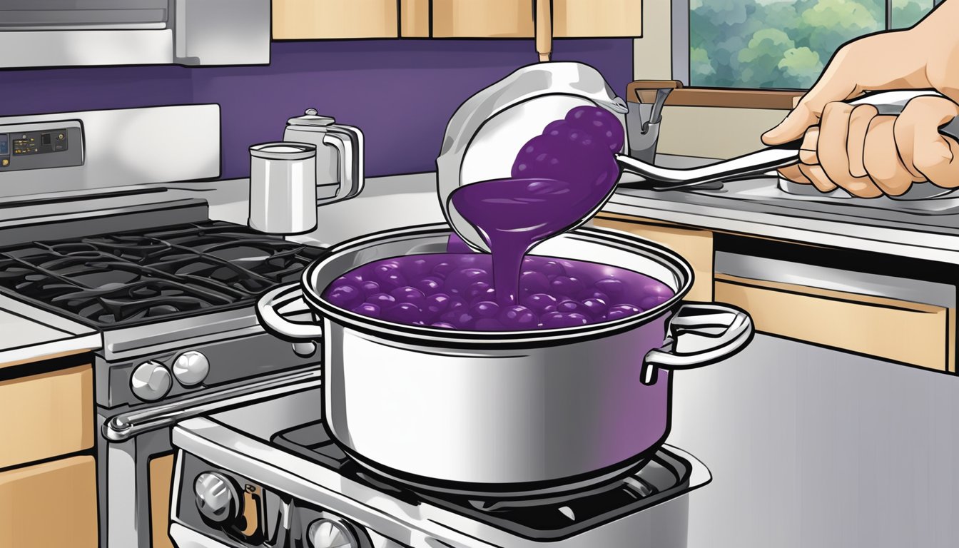 A simmering pot of Welch's grape juice reducing on a stovetop, emitting a sweet and fruity aroma. A chef's spoon stirs the liquid as it thickens