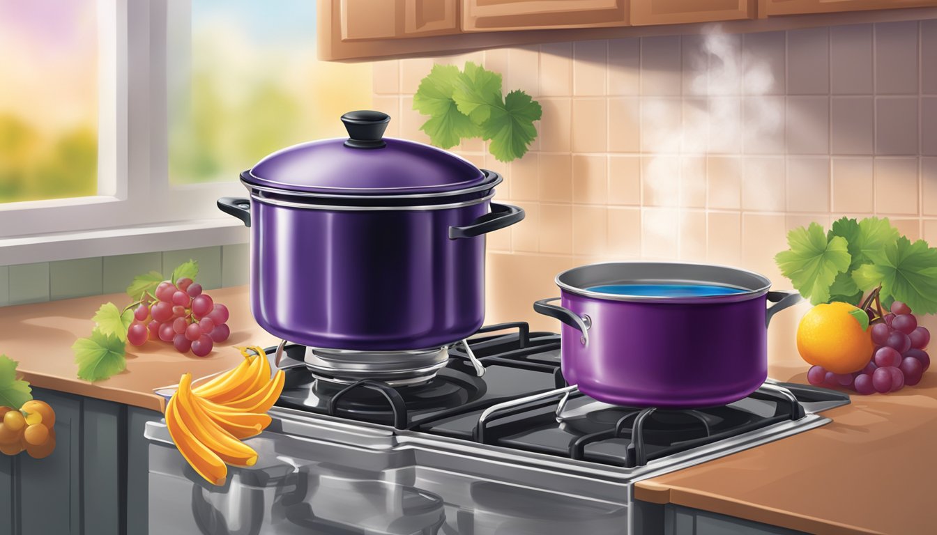 A pot simmering on a stove with Welch's grape juice reducing, emitting a sweet and fruity aroma