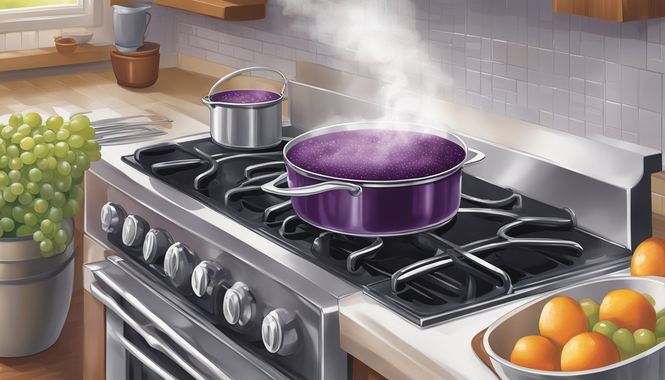 A pot simmers on a stove, filled with Welch's grape juice reducing into a thick, glossy sauce. Steam rises as the liquid concentrates, filling the kitchen with a sweet, fruity aroma