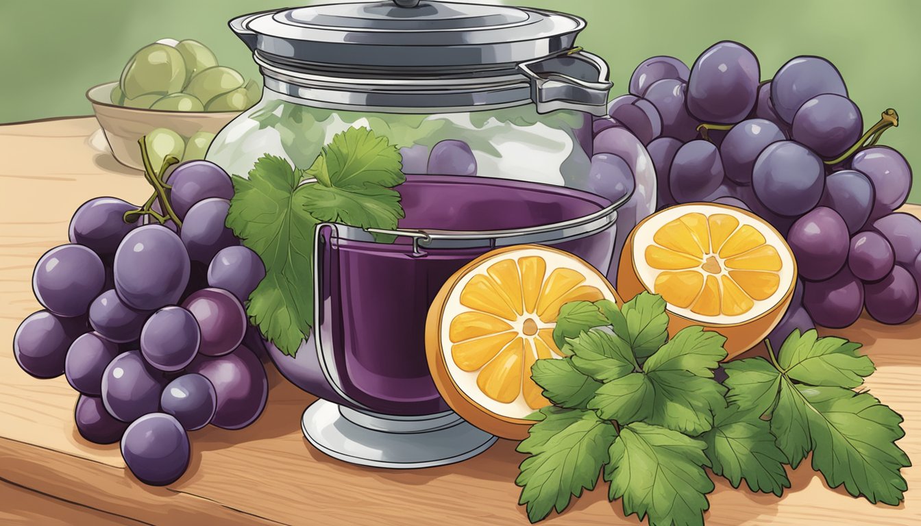 A pot of simmering Welch's grape juice reducing on a stovetop, surrounded by fresh fruit and herbs