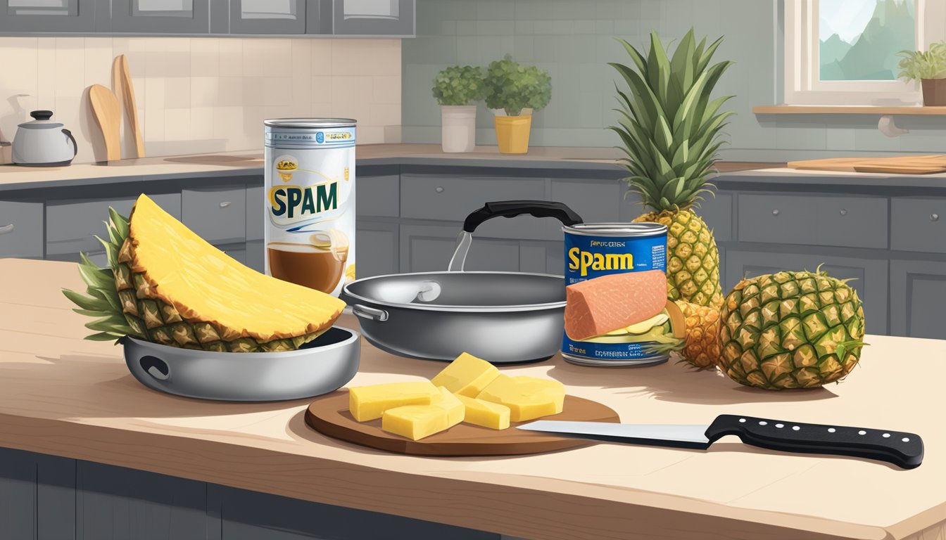 A kitchen counter with a can of Spam, pineapple, soy sauce, and a chef's knife. A cutting board and skillet sit nearby