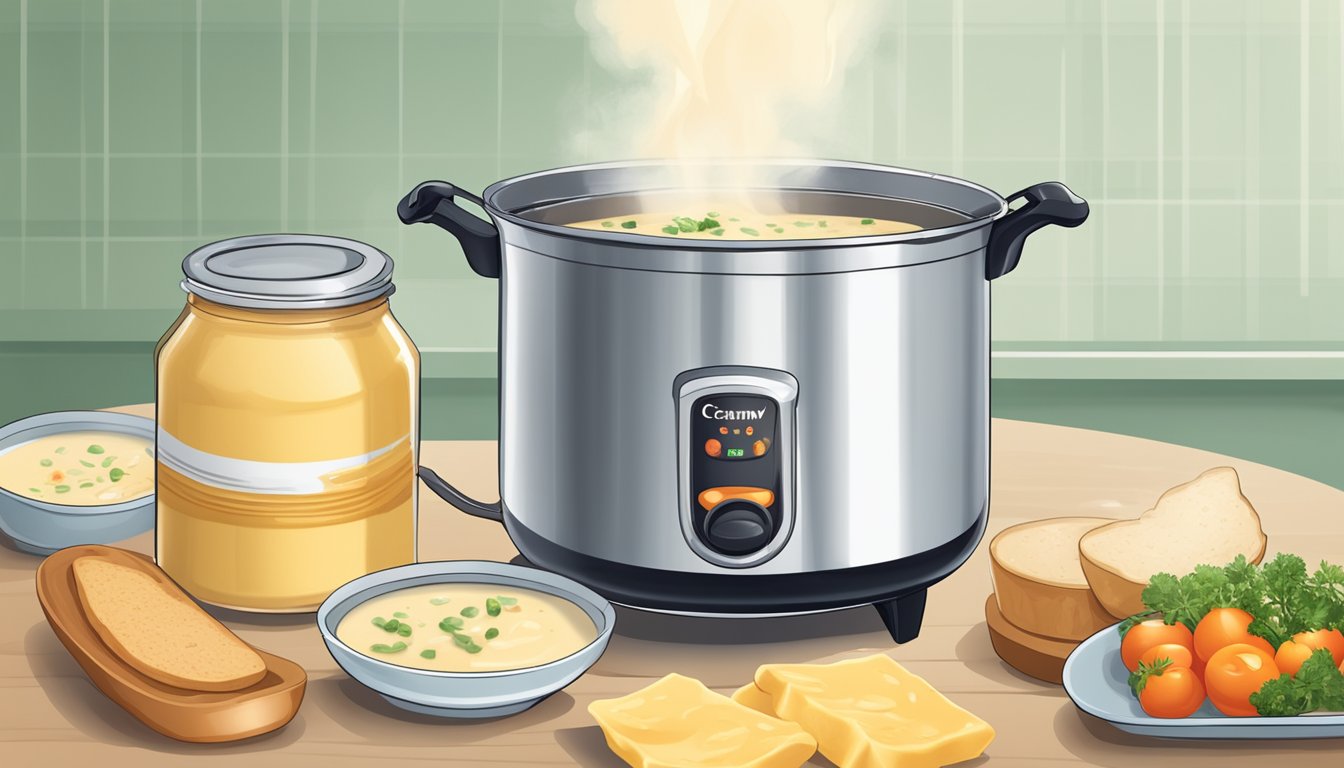 A pot of creamy soup simmering on a stove, with a can of Carnation evaporated milk and fresh ingredients nearby