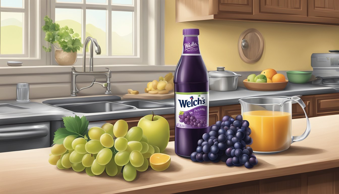 A kitchen counter with a bottle of Welch's grape juice, assorted fruits, a saucepan, and a stovetop