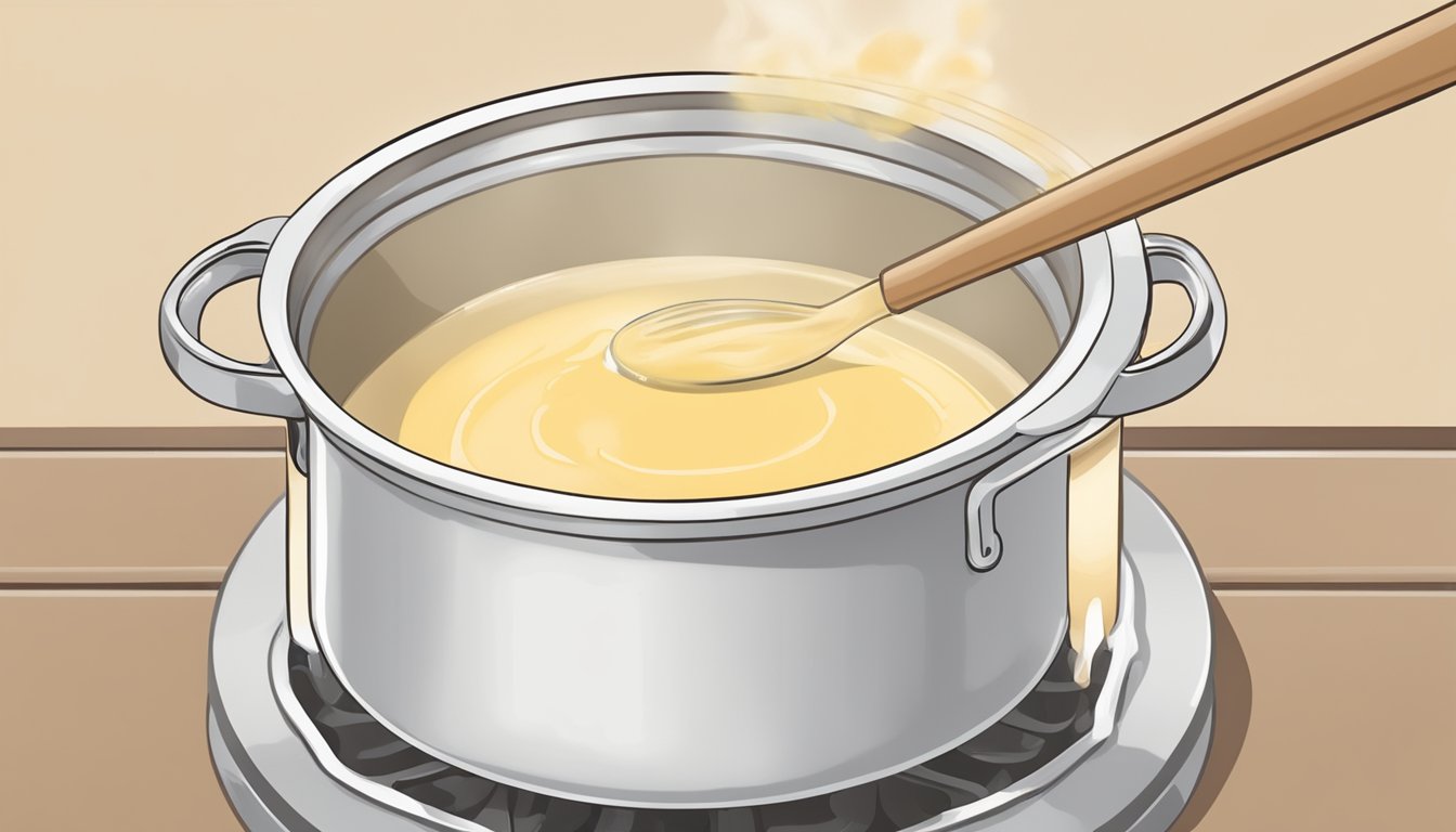 A pot of creamy soup being stirred with a can of Carnation evaporated milk nearby, with instructions for storage and reheating displayed