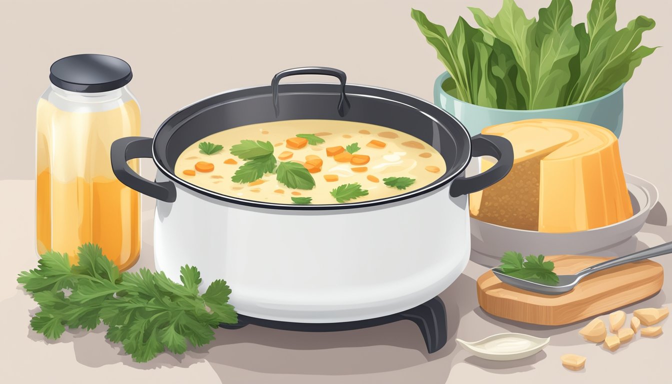 A pot of creamy soup simmering on a stovetop, with a can of Carnation evaporated milk and various fresh ingredients nearby