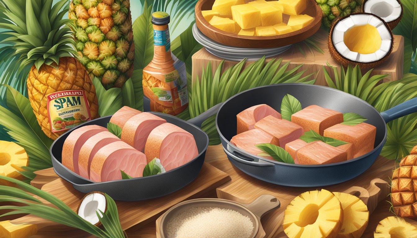 A tropical kitchen scene with a sizzling pan of Spam, surrounded by fresh pineapple, coconut, and other Hawaiian-inspired ingredients