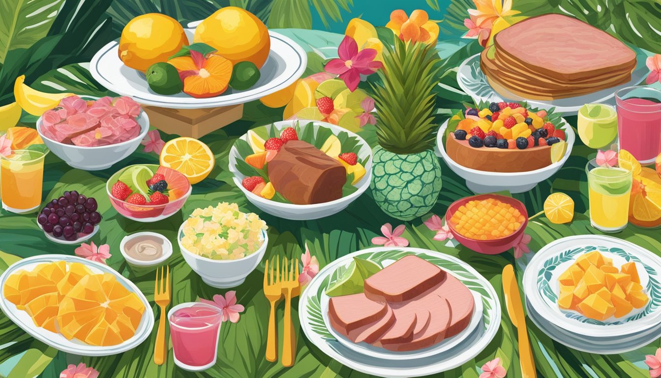 A tropical table setting with a colorful floral tablecloth, fresh fruit, and a platter of Hawaiian-inspired dishes featuring cooked Spam