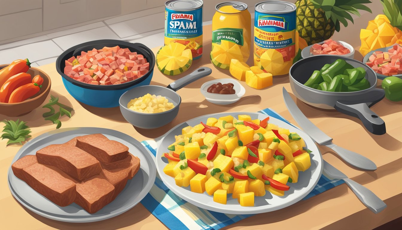 A kitchen counter with a can of Spam, a cutting board with diced pineapple and bell peppers, a skillet with sizzling Spam slices, and a plate of finished Hawaiian-inspired dishes