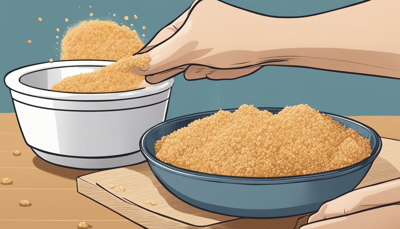 A hand dipping a piece of protein into a bowl of Progresso bread crumbs, coating it evenly before placing it onto a baking sheet