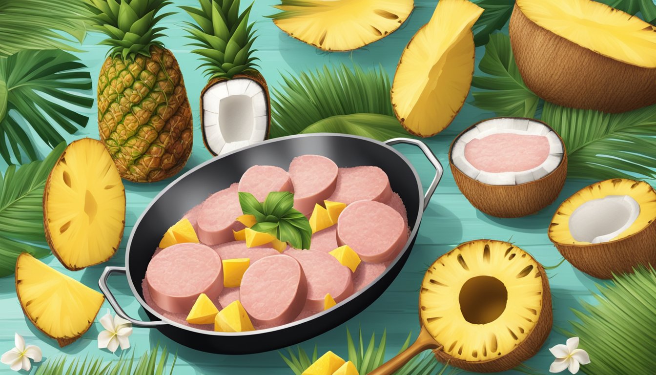 A tropical kitchen with a sizzling pan of Spam, surrounded by fresh pineapple, coconut, and other Hawaiian ingredients