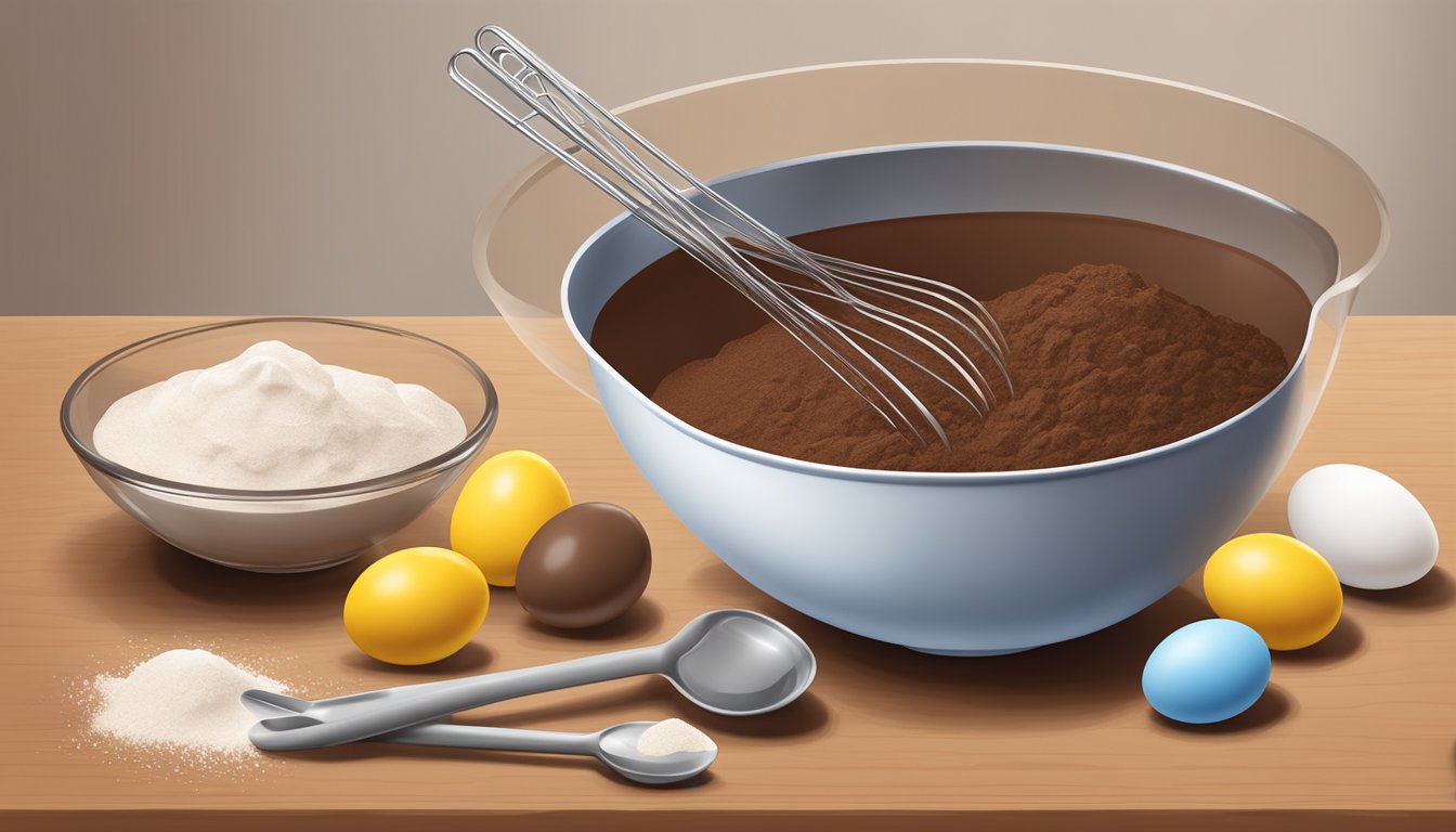 A mixing bowl filled with chocolate Nesquik powder, flour, eggs, and milk, surrounded by measuring spoons and a whisk