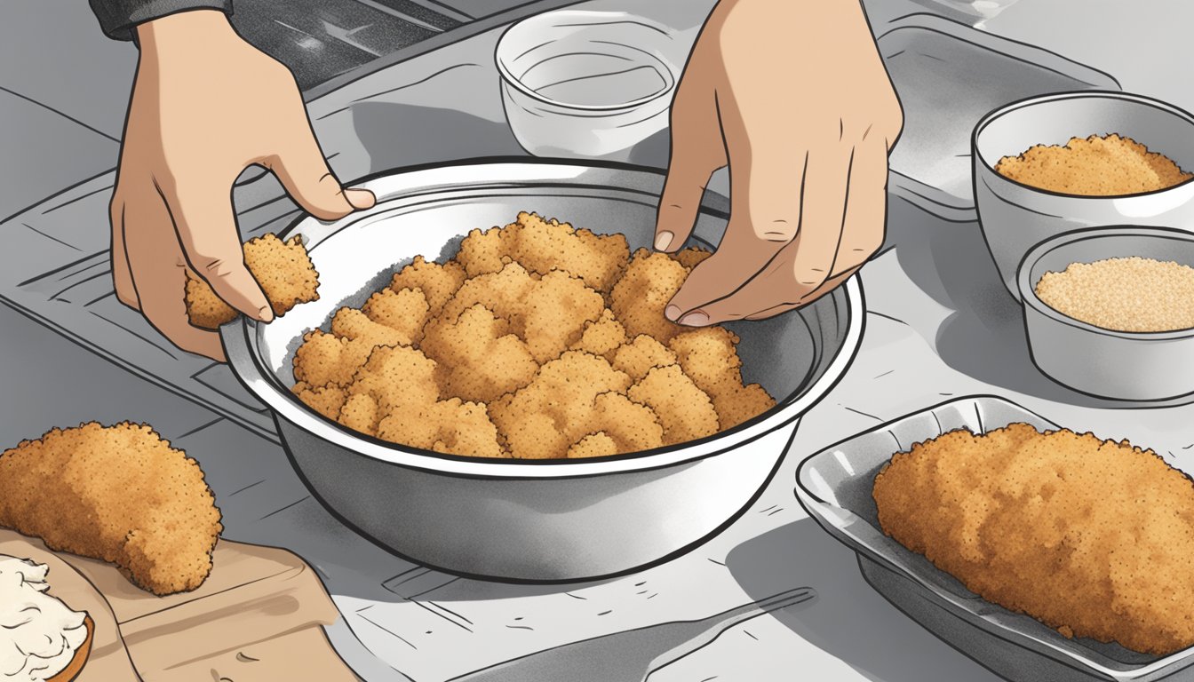 A hand dipping a piece of chicken into a bowl of Progresso bread crumbs, then placing it onto a baking sheet lined with parchment paper