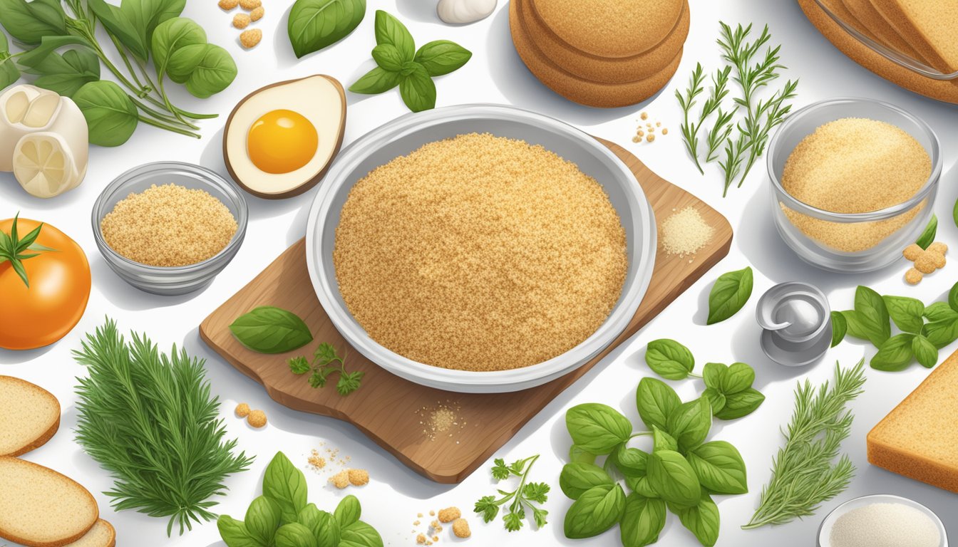 A bowl of Progresso bread crumbs surrounded by fresh herbs and various ingredients for coating and cooking