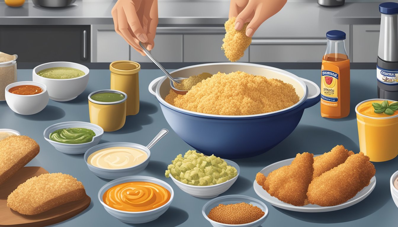 A hand dipping chicken into a bowl of Progresso bread crumbs, surrounded by various sauces and sides on a kitchen counter