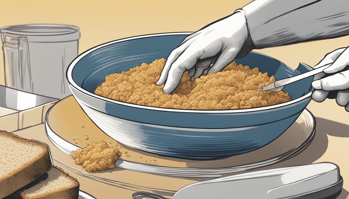 A hand dipping a piece of chicken into a bowl of Progresso bread crumbs, ready to be cooked for a crispy coating