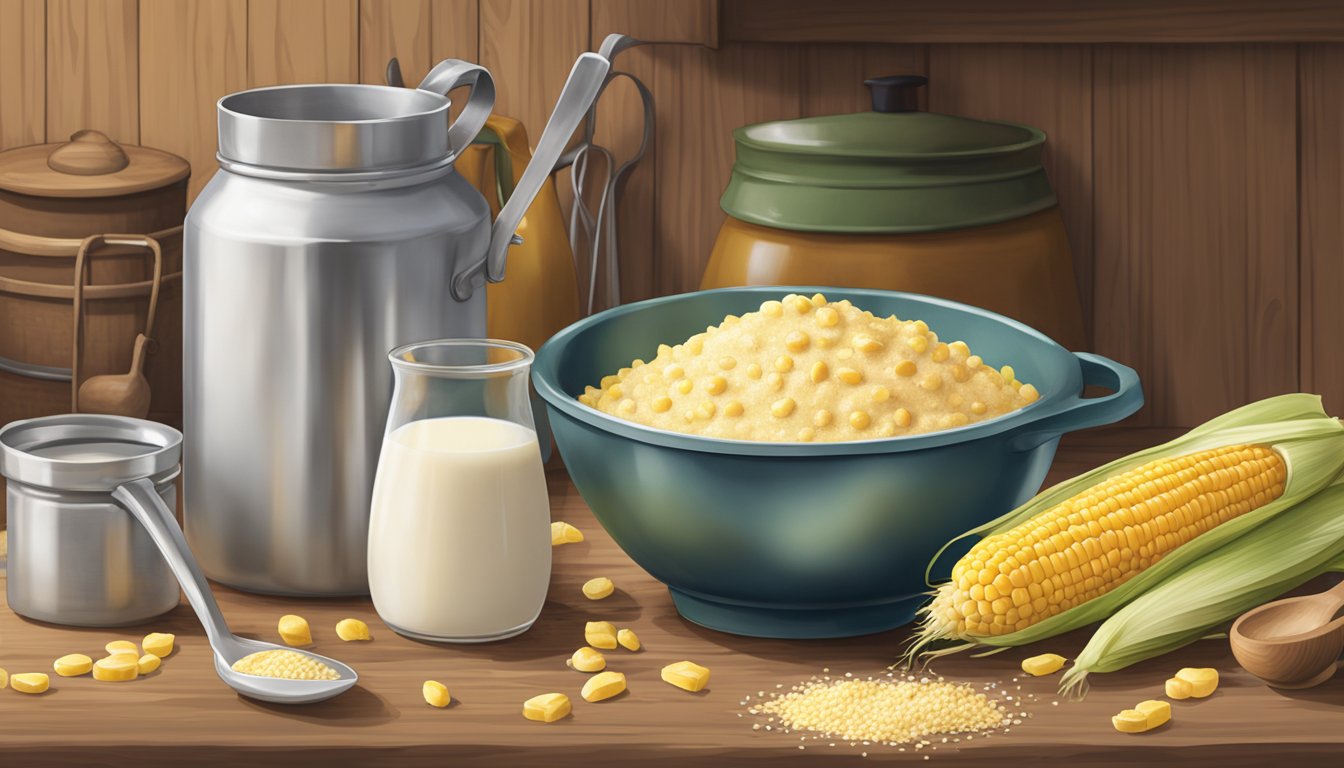 A mixing bowl filled with Jiffy corn muffin mix, a measuring cup of milk, and a spoon, surrounded by a rustic kitchen backdrop with Southern-style cookware and ingredients