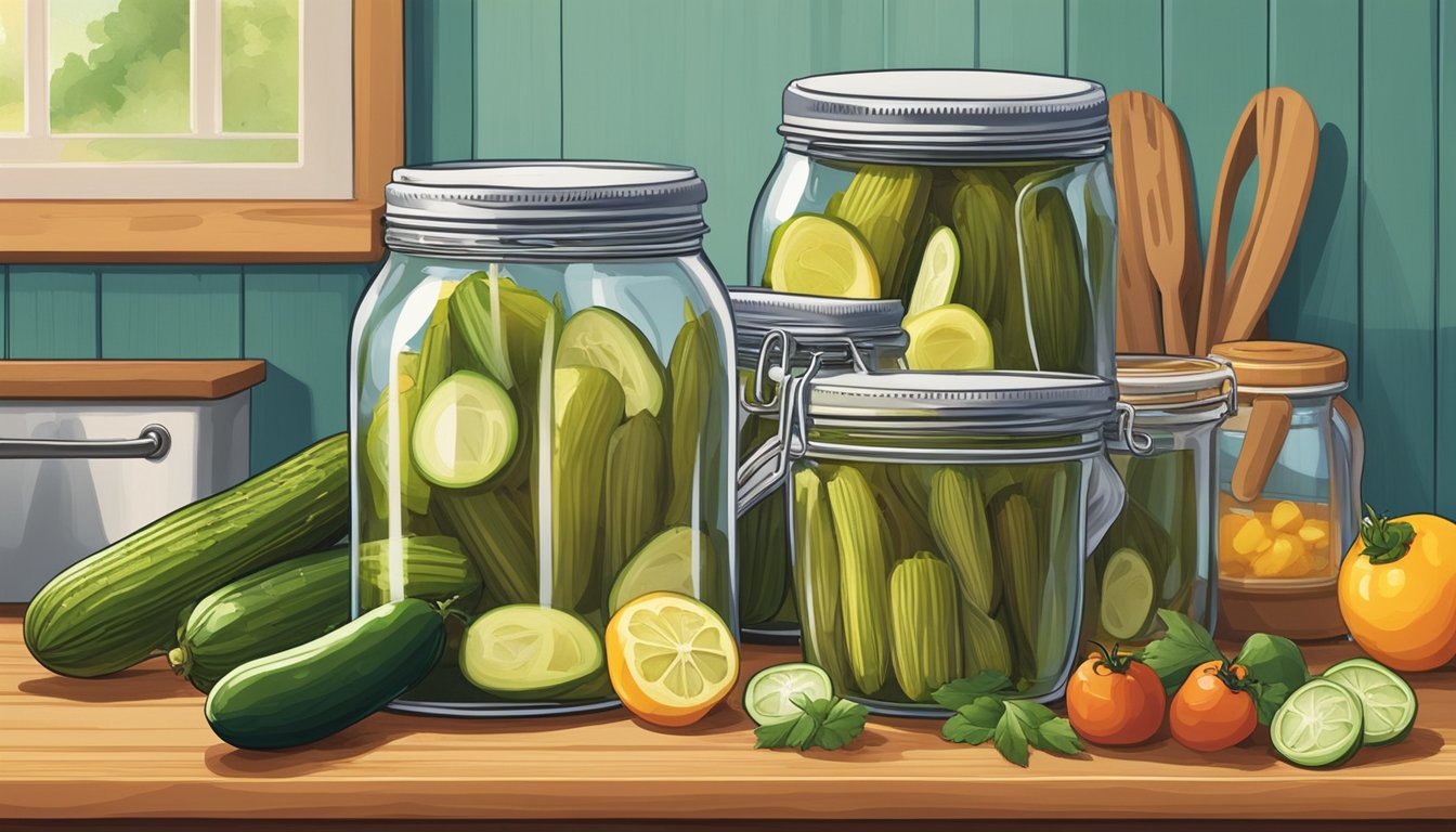 A jar of Vlasic pickles sits open on a kitchen counter, surrounded by colorful ingredients and cooking utensils. The aroma of tangy brine fills the air