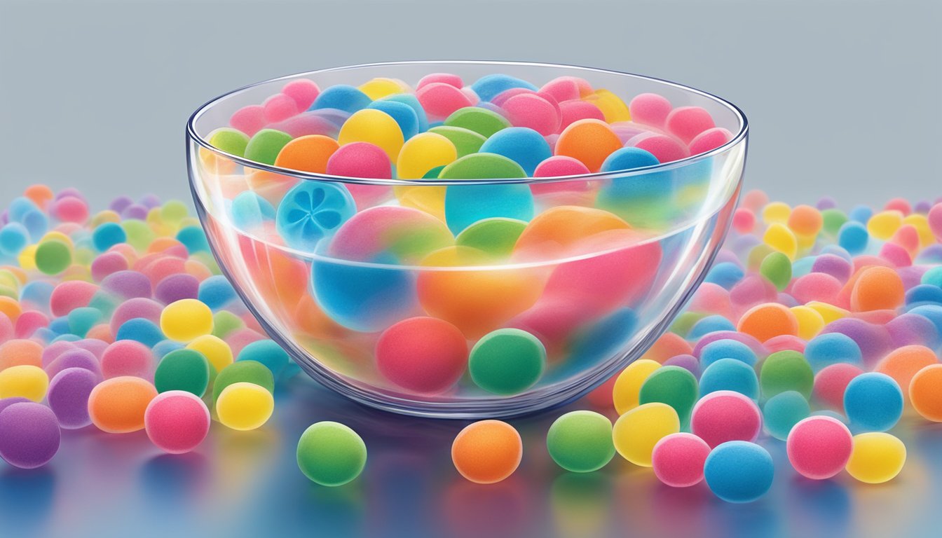 A clear glass bowl filled with a mixture of powdered Kool-Aid and water, with vibrant, swirling colors