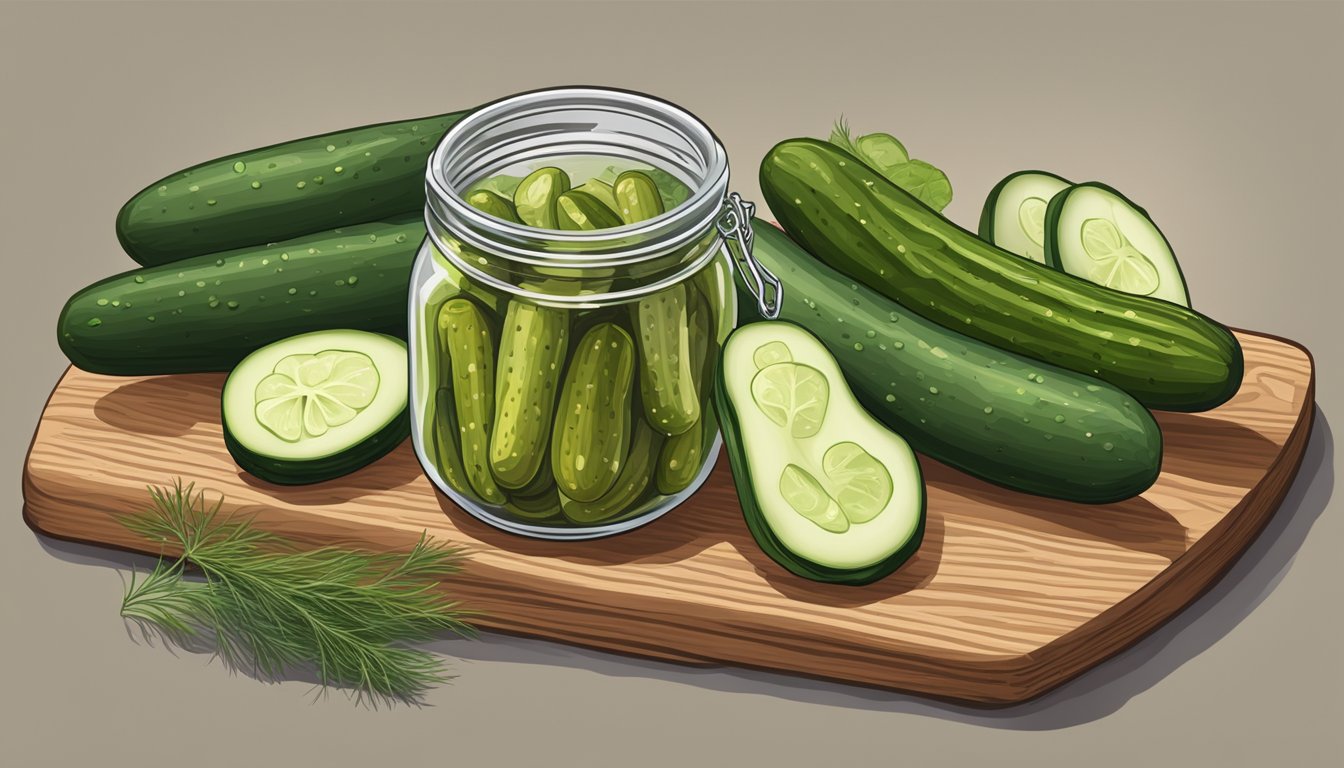 A jar of Vlasic pickles surrounded by fresh cucumbers, dill, and spices on a wooden cutting board