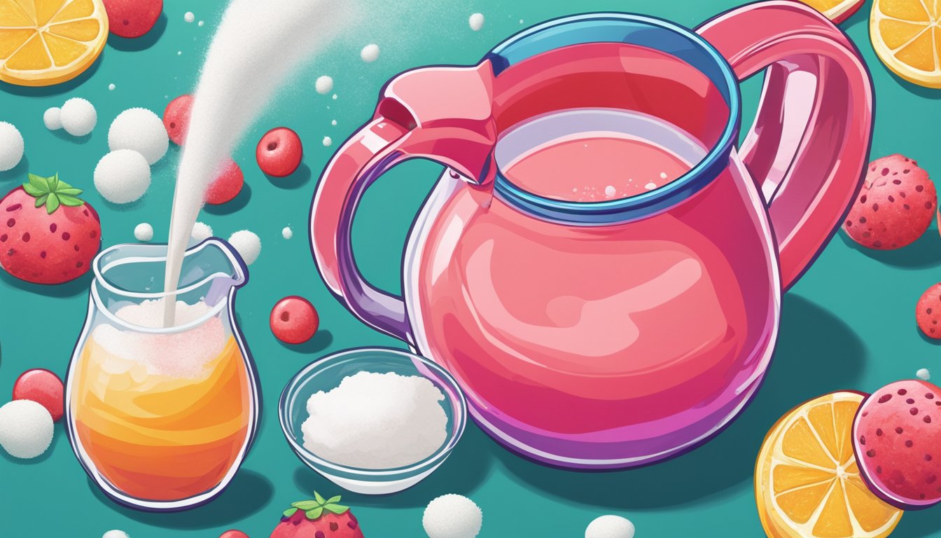 A vibrant pitcher of Kool-Aid sits next to a mixing bowl filled with flour and sugar. A spoon stirs the colorful liquid into the ingredients, creating a vivid batter