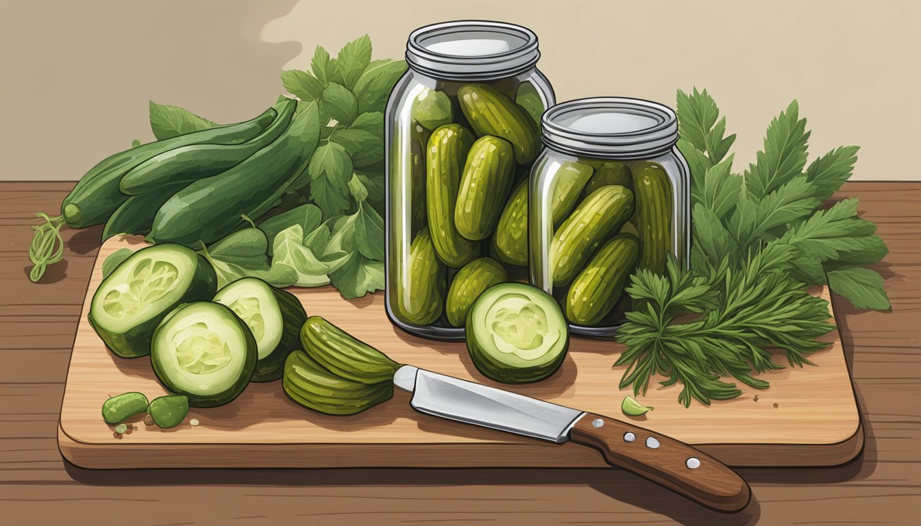 A jar of Vlasic pickles sits open on a wooden cutting board, surrounded by fresh herbs and spices. A chef's knife is poised to slice through the crisp green pickles