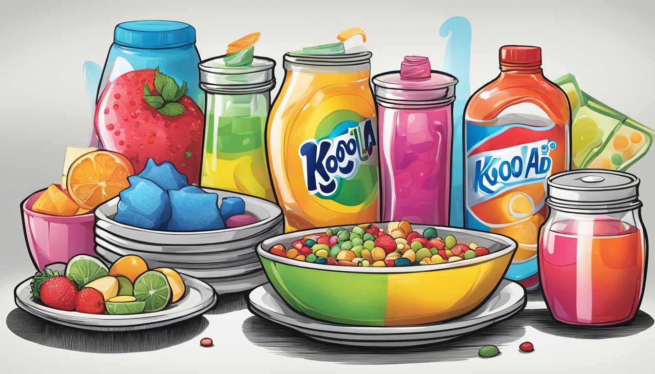 A colorful array of dishes and ingredients, with Kool-Aid packets sprinkled over food for vibrant coloring