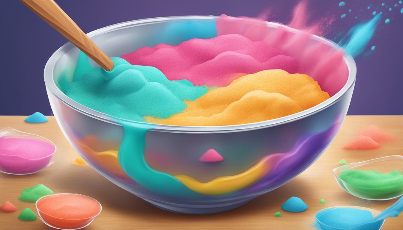 A bowl of batter being mixed with Kool-Aid powder, creating vibrant food coloring