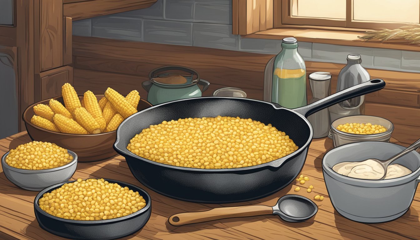 A rustic kitchen with a vintage cast-iron skillet and a mixing bowl filled with Jiffy corn muffin mix. A wooden spoon and a can of creamed corn sit nearby