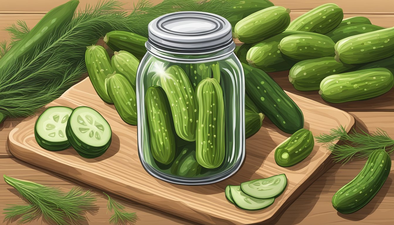 A jar of Vlasic pickles surrounded by fresh dill, cucumbers, and vinegar on a wooden cutting board