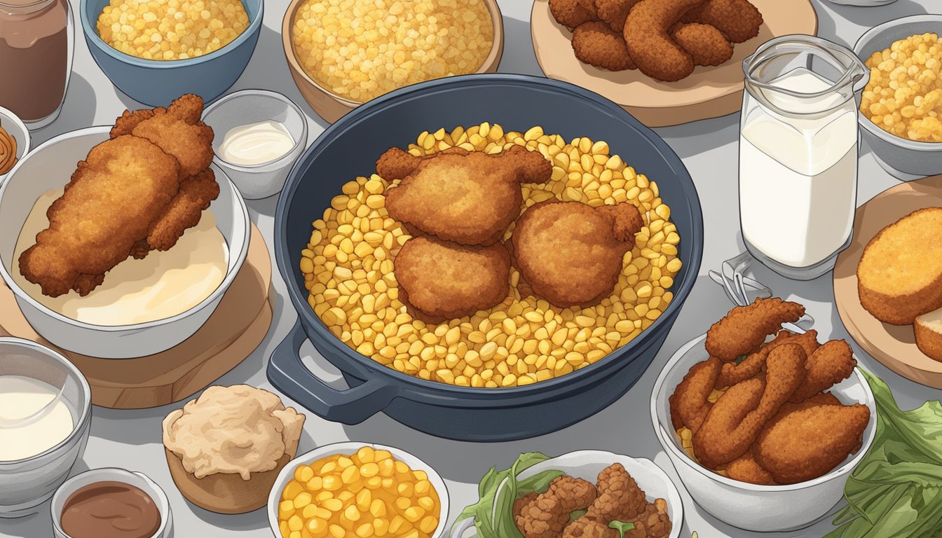 A mixing bowl filled with Jiffy corn muffin mix, eggs, and milk, surrounded by various proteins like fried chicken, barbecue ribs, and grilled shrimp