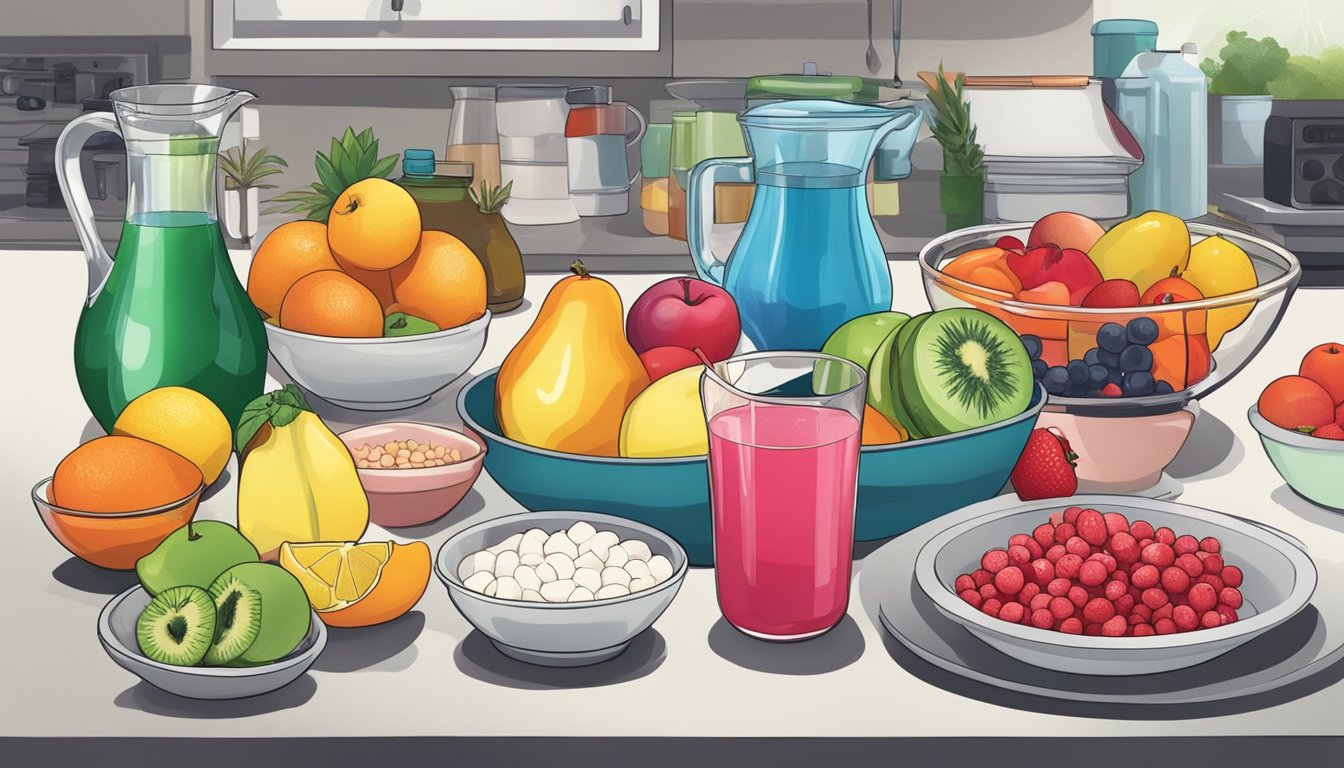 A kitchen counter with various ingredients and utensils laid out, including a pitcher of Kool-Aid, fruits, and bowls of food coloring