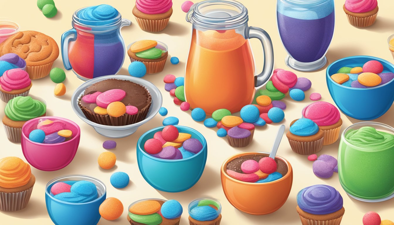 A colorful array of Kool-Aid infused treats, from cookies to cupcakes, surrounded by vibrant Kool-Aid packets and bowls of powdered mix