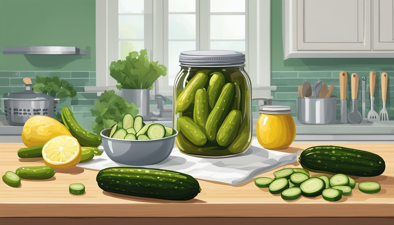 A jar of Vlasic pickles sits open on a kitchen counter, surrounded by fresh ingredients and cooking utensils. The vibrant green pickles add a pop of color to the scene, ready to be used in tangy relishes