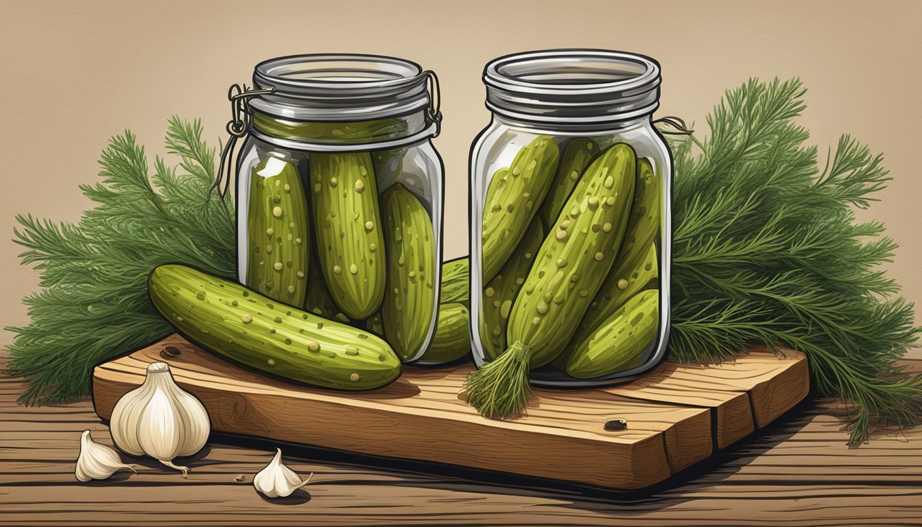 A jar of Vlasic pickles surrounded by fresh dill, mustard seeds, and garlic cloves on a rustic wooden cutting board