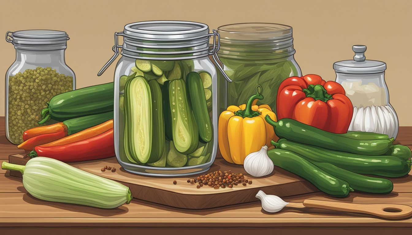 A jar of Vlasic pickles sits next to a cutting board with chopped onions, celery, and peppers, surrounded by various cooking utensils and spices