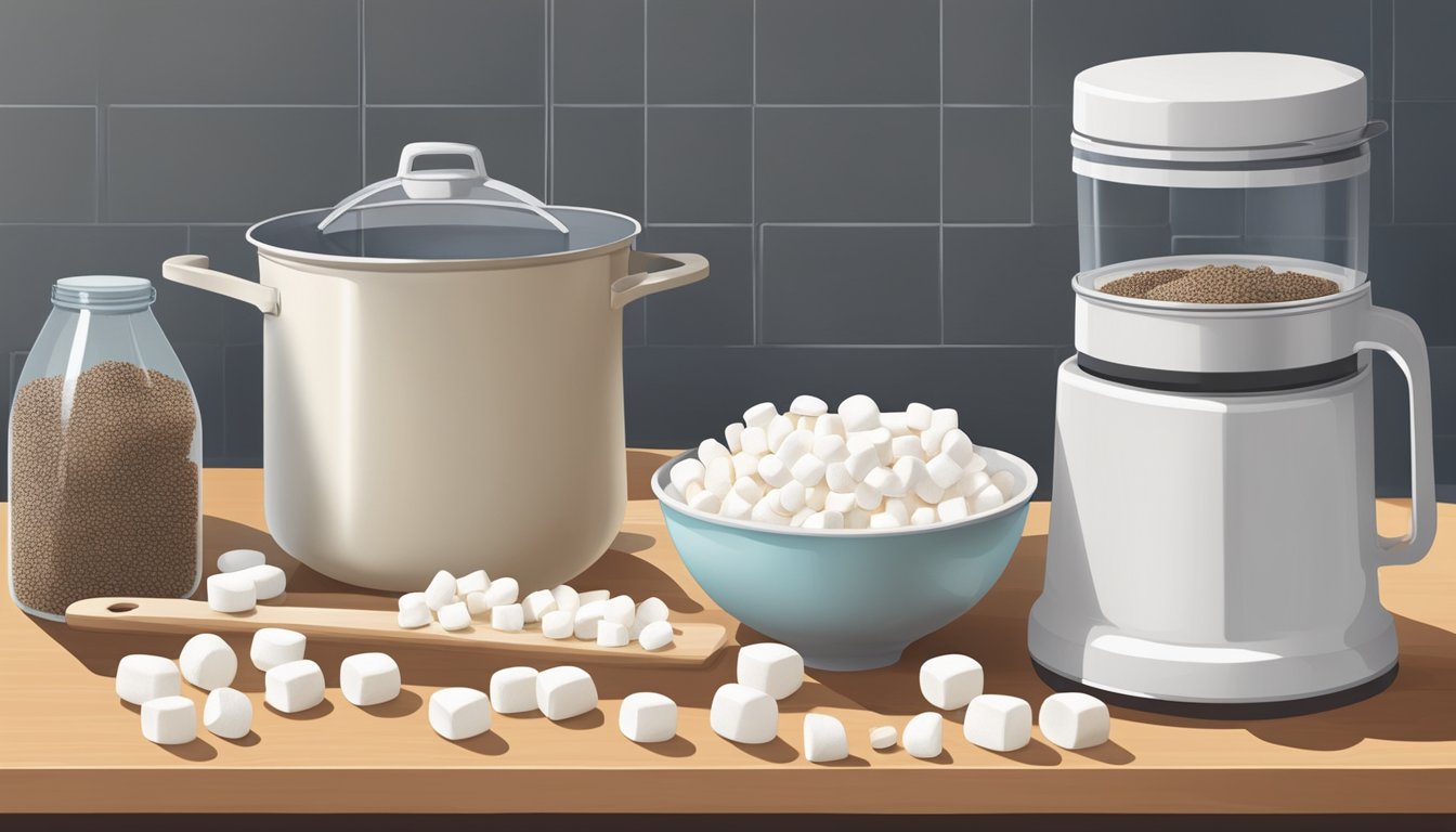 A kitchen counter with a mixing bowl, measuring cups, and a bag of Jet-Puffed marshmallows. Ingredients and utensils are neatly arranged for baking