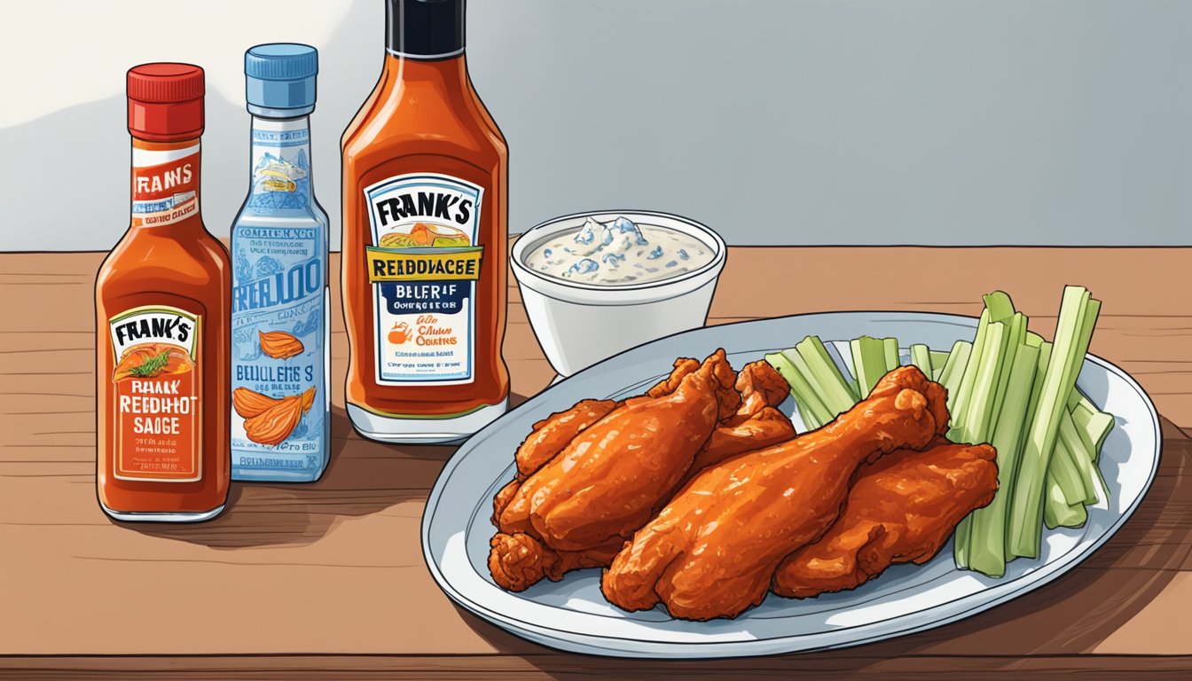 A bottle of Frank's RedHot sauce next to a plate of buffalo-style chicken wings, celery, and blue cheese dressing