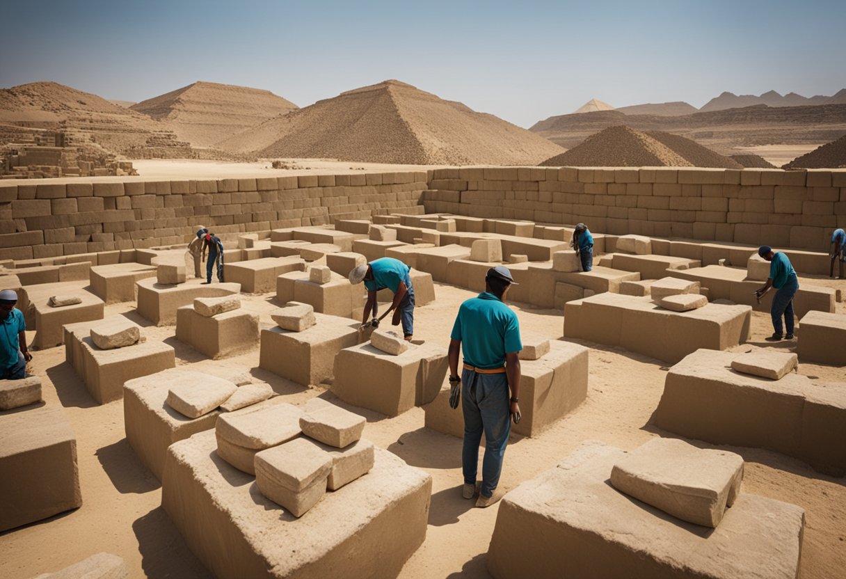 Um grupo de trabalhadores labutando para construir os maciços blocos de pedra de uma antiga pirâmide egípcia sob o sol escaldante