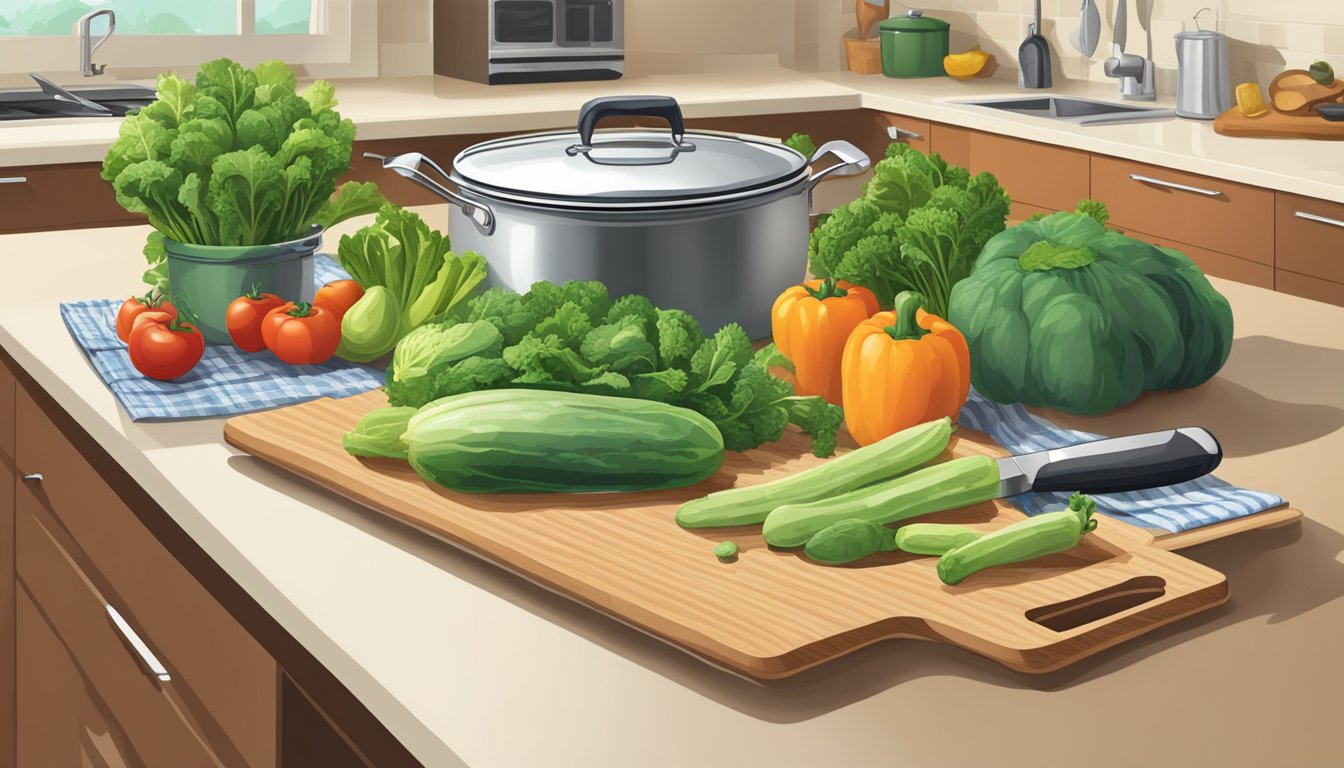 A kitchen counter with assorted Green Giant vegetables, cutting board, knife, and a casserole dish