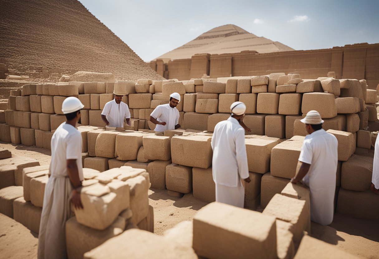 Uma equipe de trabalhadores egípcios antigos empilha meticulosamente enormes blocos de pedra para construir uma pirâmide imponente, enquanto supervisores observam e dirigem o intricado processo.