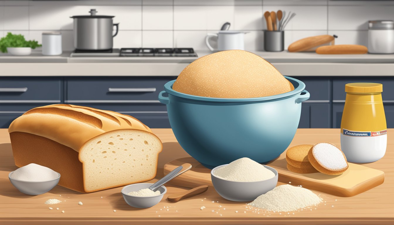 A kitchen counter with ingredients, a mixing bowl, and a packet of Fleischmann's yeast. A loaf of homemade bread rises in the background