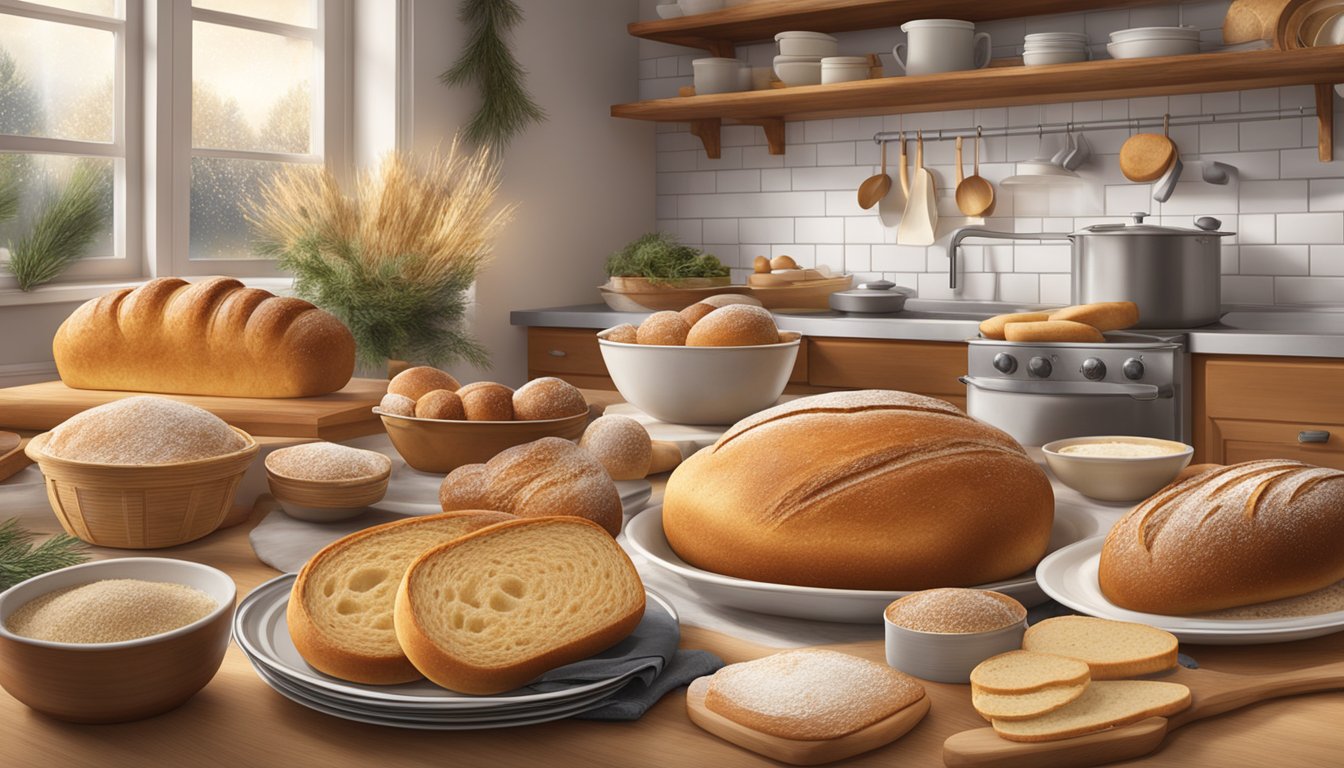 A festive kitchen scene with a variety of seasonal breads rising and baking, with Fleischmann's yeast prominently featured